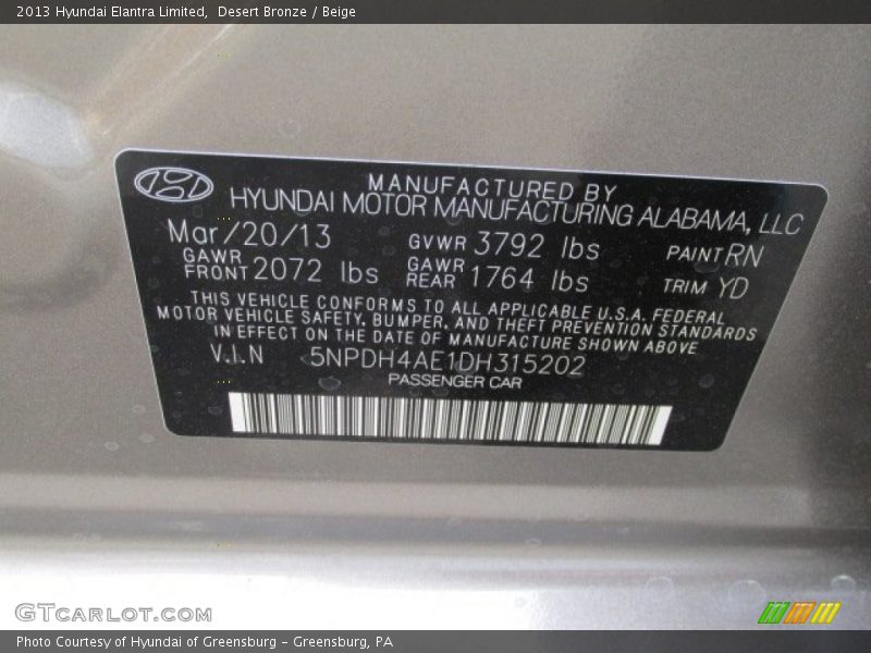 Desert Bronze / Beige 2013 Hyundai Elantra Limited