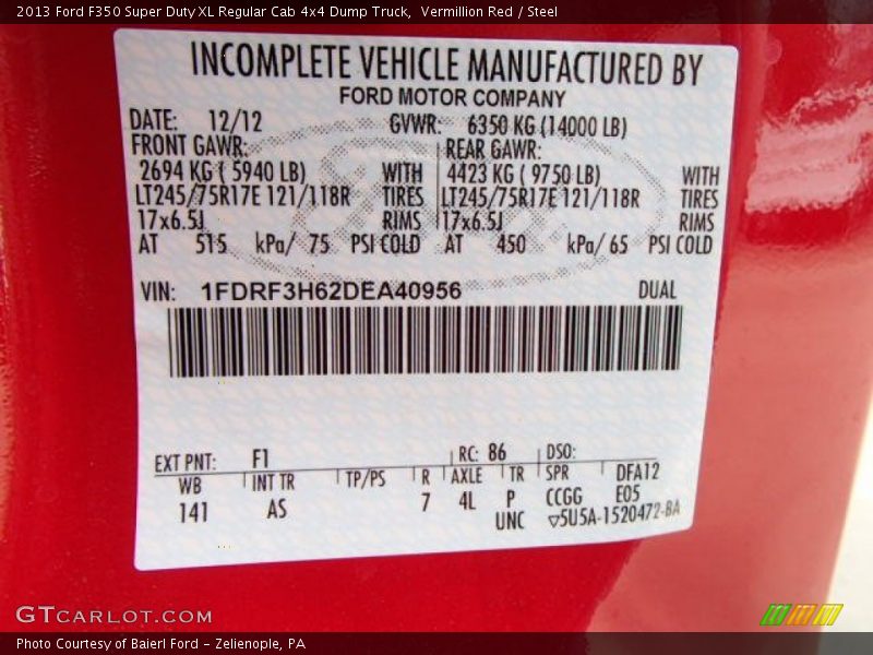 2013 F350 Super Duty XL Regular Cab 4x4 Dump Truck Vermillion Red Color Code F1