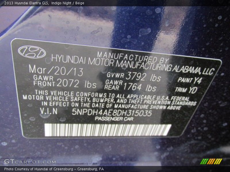 Indigo Night / Beige 2013 Hyundai Elantra GLS