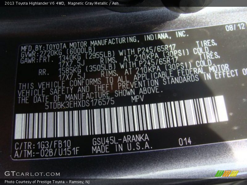 Magnetic Gray Metallic / Ash 2013 Toyota Highlander V6 4WD
