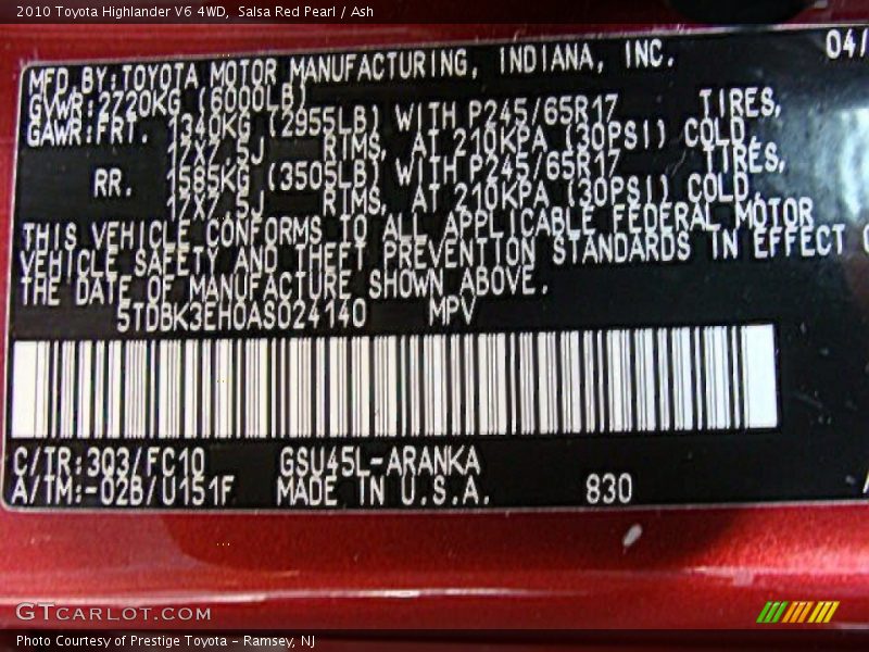 Salsa Red Pearl / Ash 2010 Toyota Highlander V6 4WD