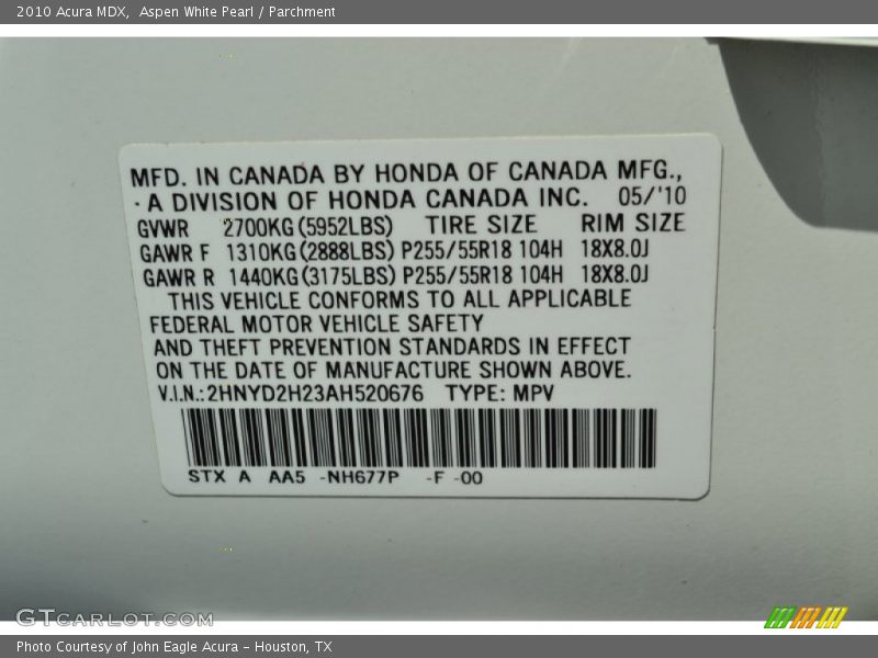 Aspen White Pearl / Parchment 2010 Acura MDX