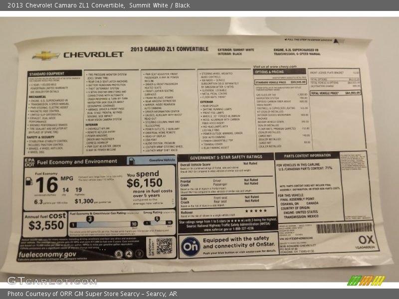  2013 Camaro ZL1 Convertible Window Sticker