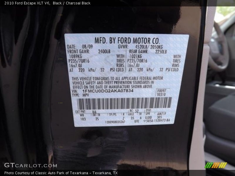 Black / Charcoal Black 2010 Ford Escape XLT V6