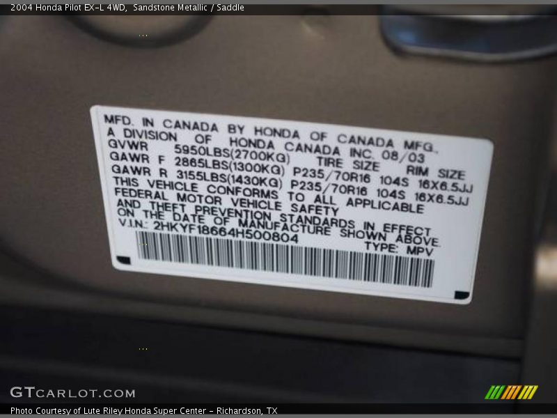 Sandstone Metallic / Saddle 2004 Honda Pilot EX-L 4WD