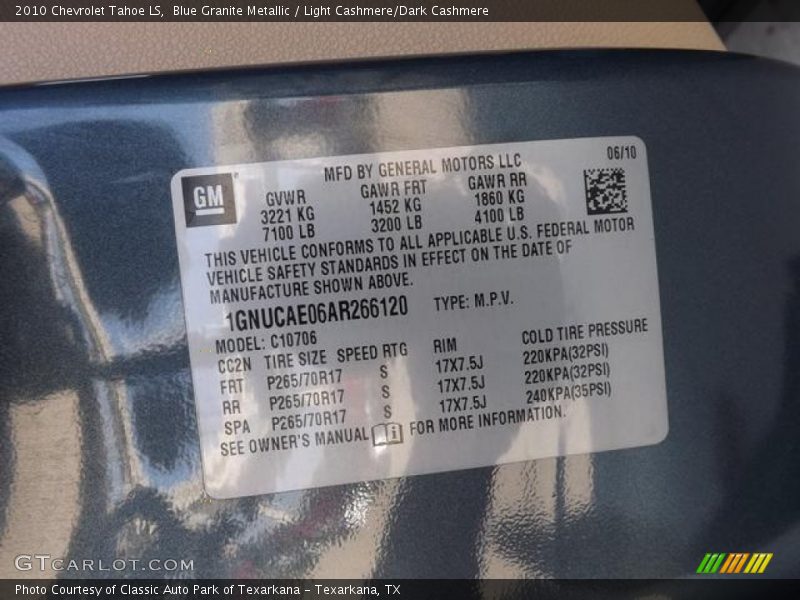 Blue Granite Metallic / Light Cashmere/Dark Cashmere 2010 Chevrolet Tahoe LS