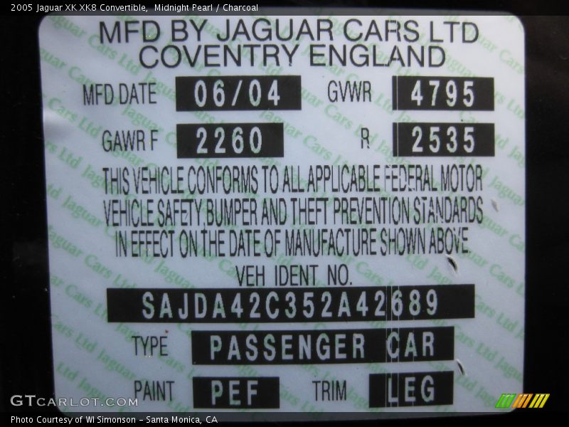 2005 XK XK8 Convertible Midnight Pearl Color Code PEF