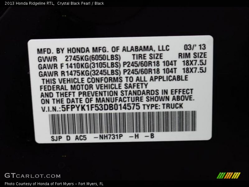 Crystal Black Pearl / Black 2013 Honda Ridgeline RTL