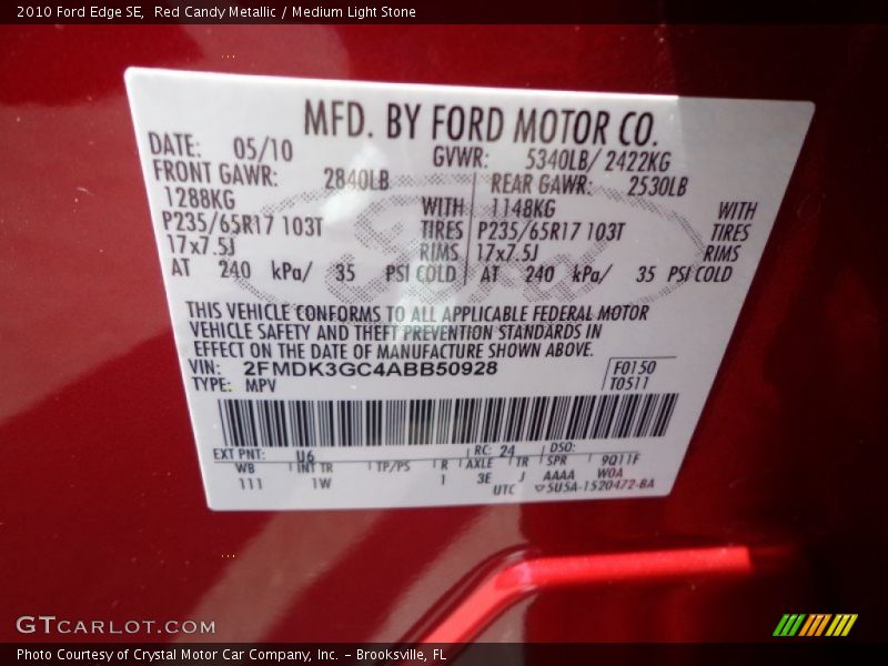 Red Candy Metallic / Medium Light Stone 2010 Ford Edge SE