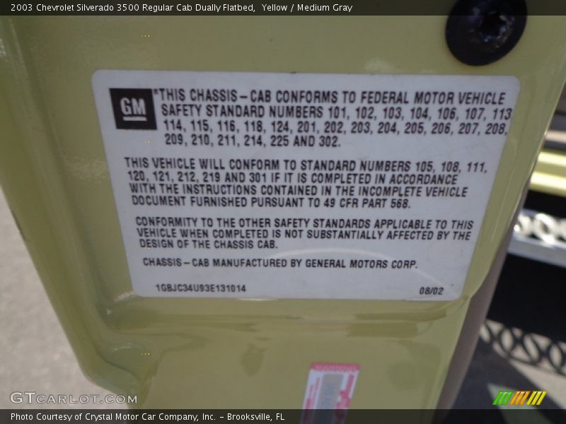 Yellow / Medium Gray 2003 Chevrolet Silverado 3500 Regular Cab Dually Flatbed