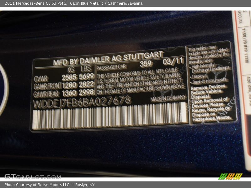 2011 CL 63 AMG Capri Blue Metallic Color Code 359