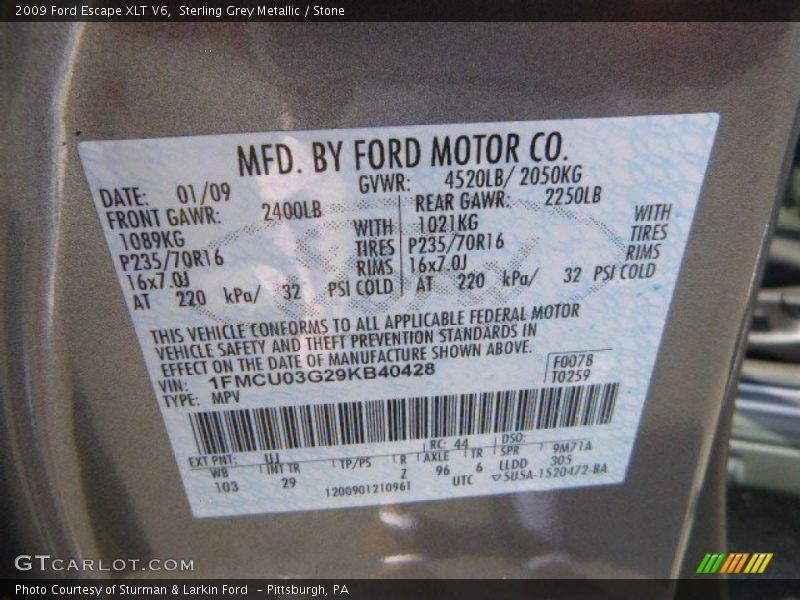 Sterling Grey Metallic / Stone 2009 Ford Escape XLT V6