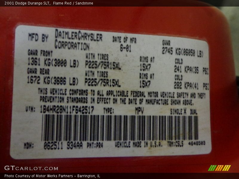 2001 Durango SLT Flame Red Color Code PR4