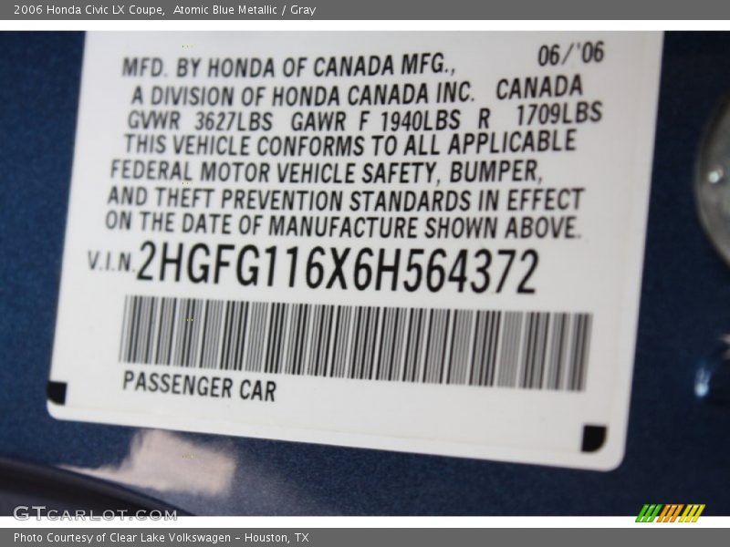 Atomic Blue Metallic / Gray 2006 Honda Civic LX Coupe
