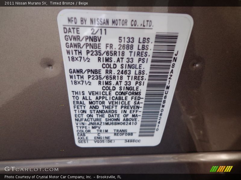 Tinted Bronze / Beige 2011 Nissan Murano SV