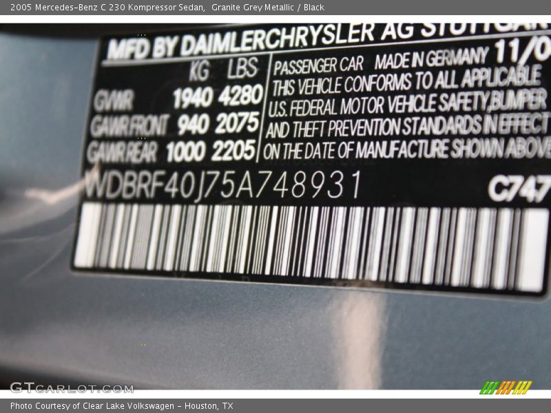 2005 C 230 Kompressor Sedan Granite Grey Metallic Color Code 747