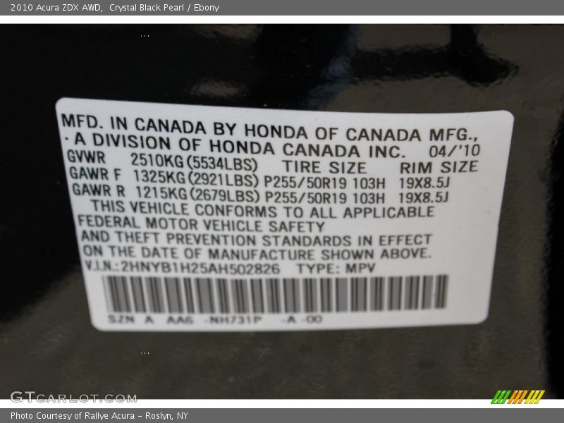 Crystal Black Pearl / Ebony 2010 Acura ZDX AWD