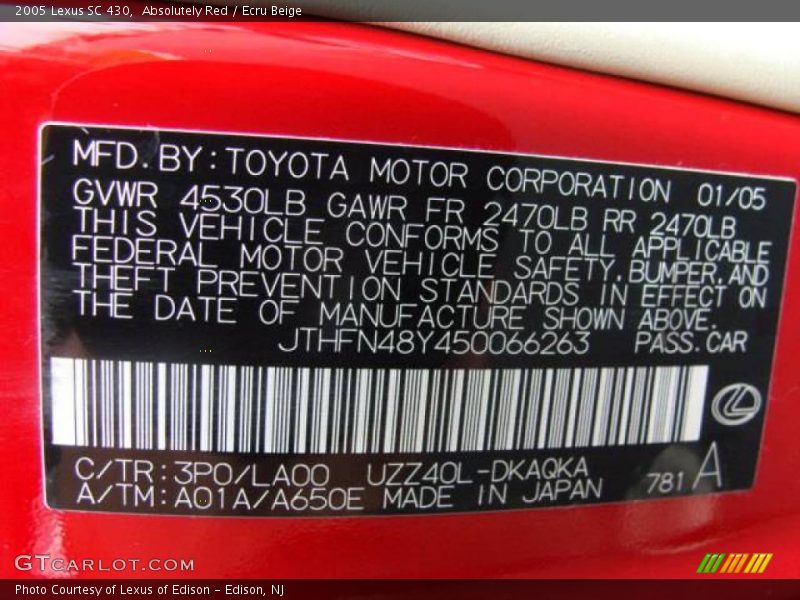 Absolutely Red / Ecru Beige 2005 Lexus SC 430