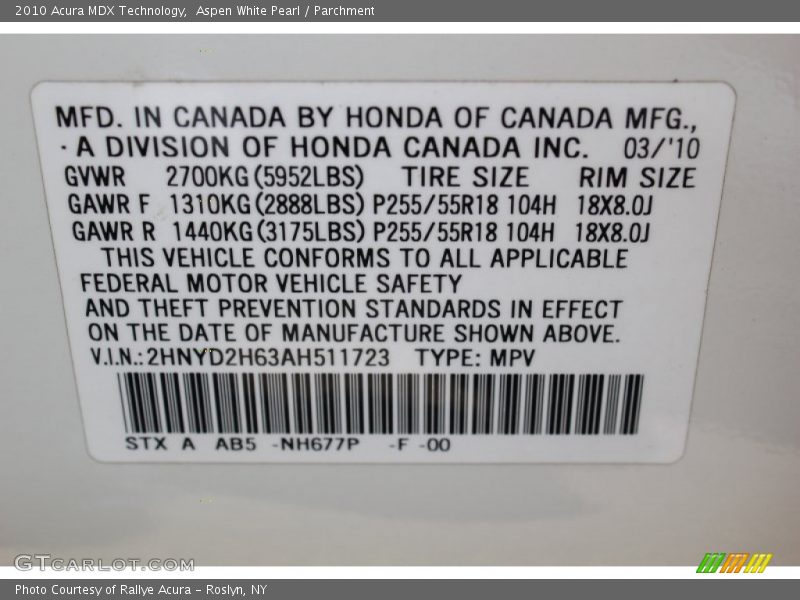 Aspen White Pearl / Parchment 2010 Acura MDX Technology