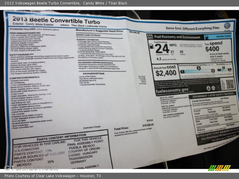  2013 Beetle Turbo Convertible Window Sticker