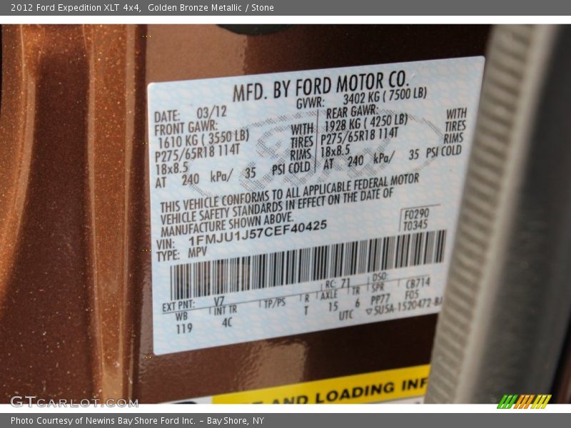 Golden Bronze Metallic / Stone 2012 Ford Expedition XLT 4x4