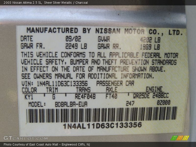 Sheer Silver Metallic / Charcoal 2003 Nissan Altima 2.5 SL
