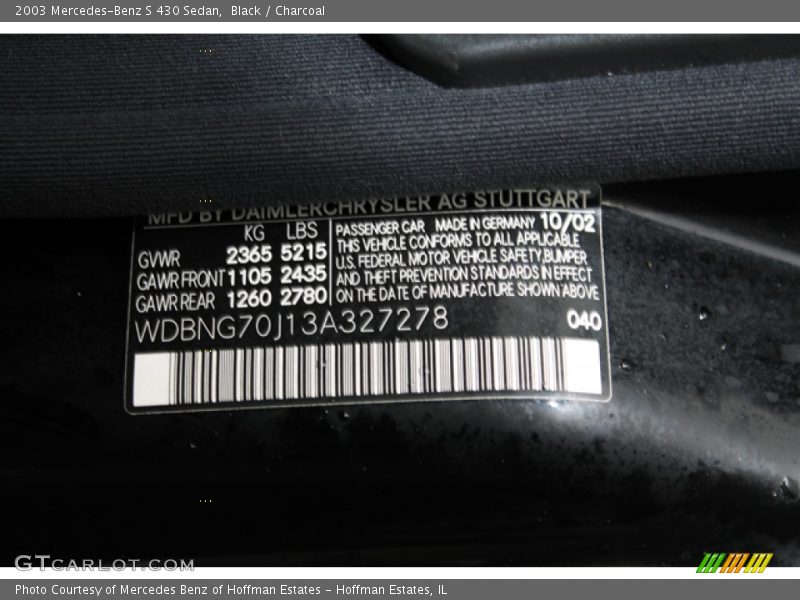 2003 S 430 Sedan Black Color Code 040