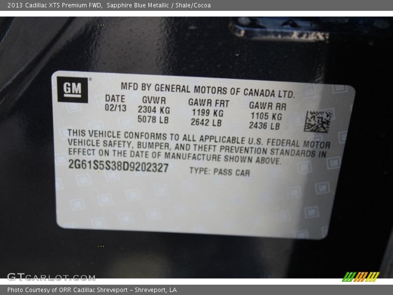 Sapphire Blue Metallic / Shale/Cocoa 2013 Cadillac XTS Premium FWD
