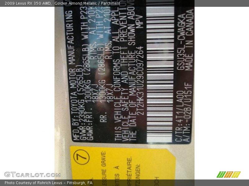 Golden Almond Metallic / Parchment 2009 Lexus RX 350 AWD