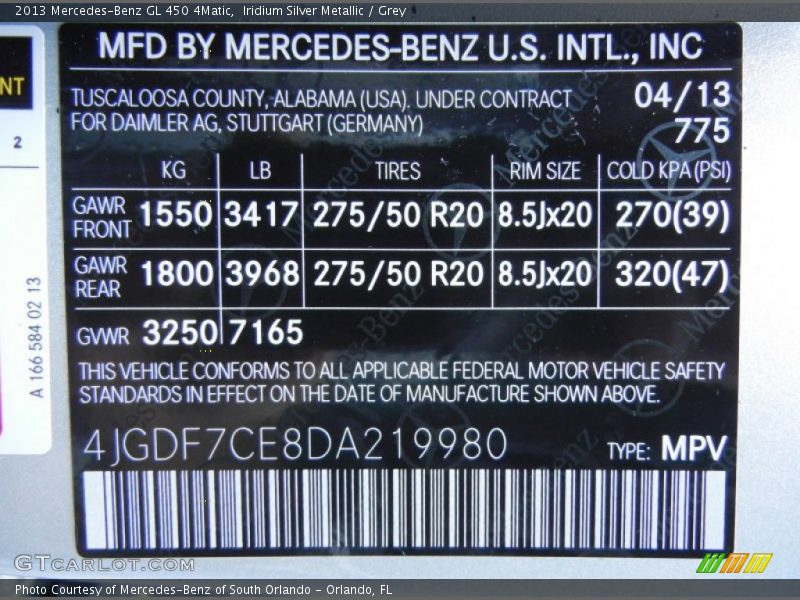 Iridium Silver Metallic / Grey 2013 Mercedes-Benz GL 450 4Matic