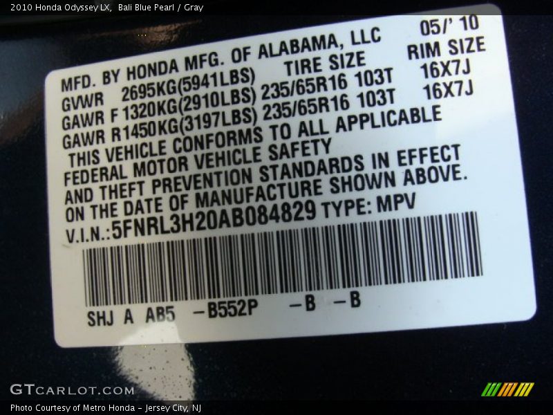 Bali Blue Pearl / Gray 2010 Honda Odyssey LX