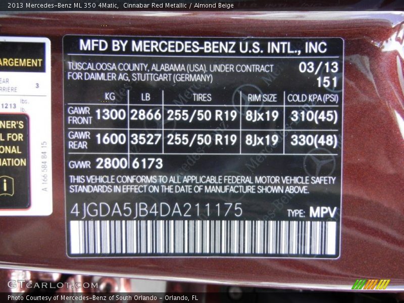Cinnabar Red Metallic / Almond Beige 2013 Mercedes-Benz ML 350 4Matic