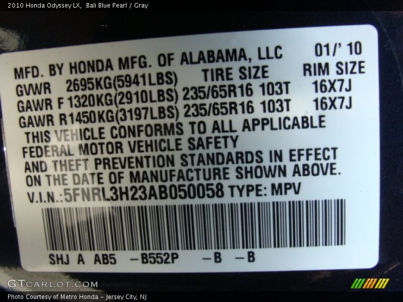 Bali Blue Pearl / Gray 2010 Honda Odyssey LX