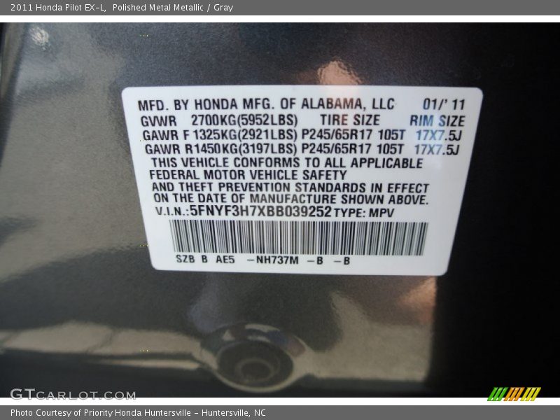 Polished Metal Metallic / Gray 2011 Honda Pilot EX-L