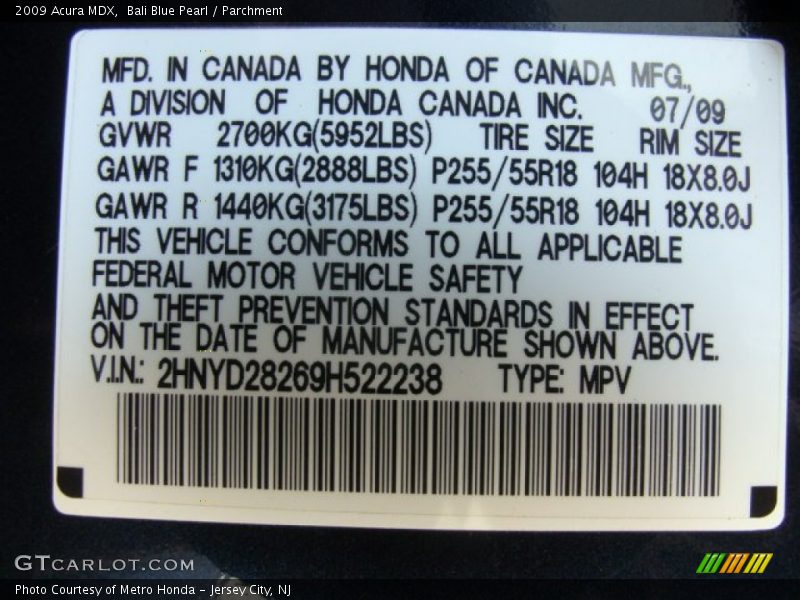 Bali Blue Pearl / Parchment 2009 Acura MDX