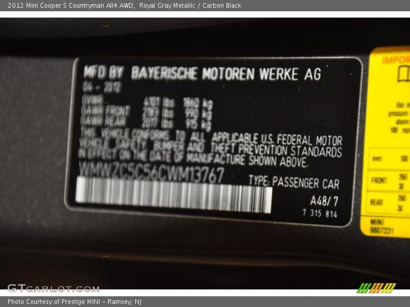 Royal Gray Metallic / Carbon Black 2012 Mini Cooper S Countryman All4 AWD