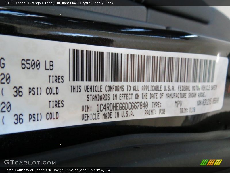 2013 Durango Citadel Brilliant Black Crystal Pearl Color Code PXR