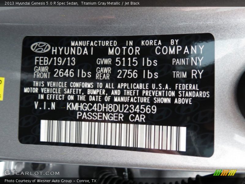 2013 Genesis 5.0 R Spec Sedan Titanium Gray Metallic Color Code NY