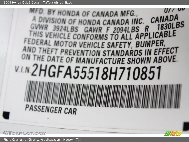 Taffeta White / Black 2008 Honda Civic Si Sedan