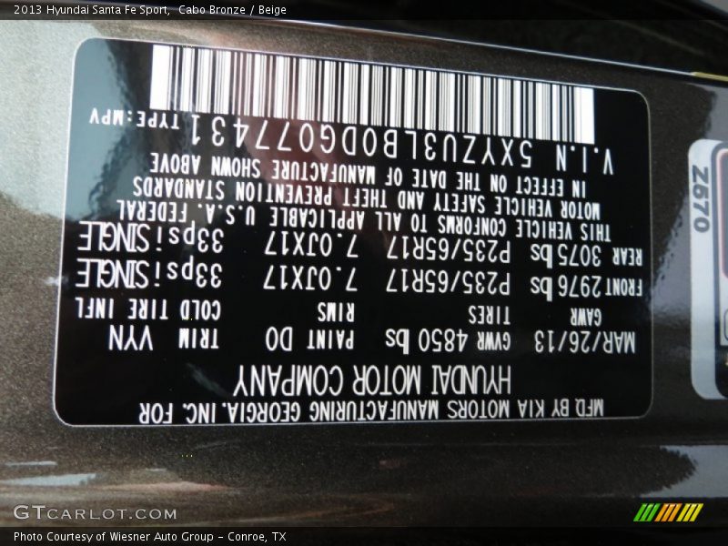 Cabo Bronze / Beige 2013 Hyundai Santa Fe Sport