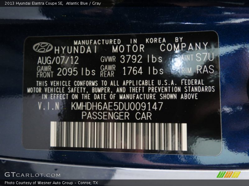 Atlantic Blue / Gray 2013 Hyundai Elantra Coupe SE