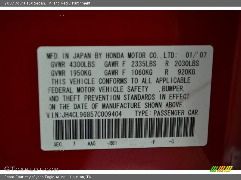 2007 TSX Sedan Milano Red Color Code R81