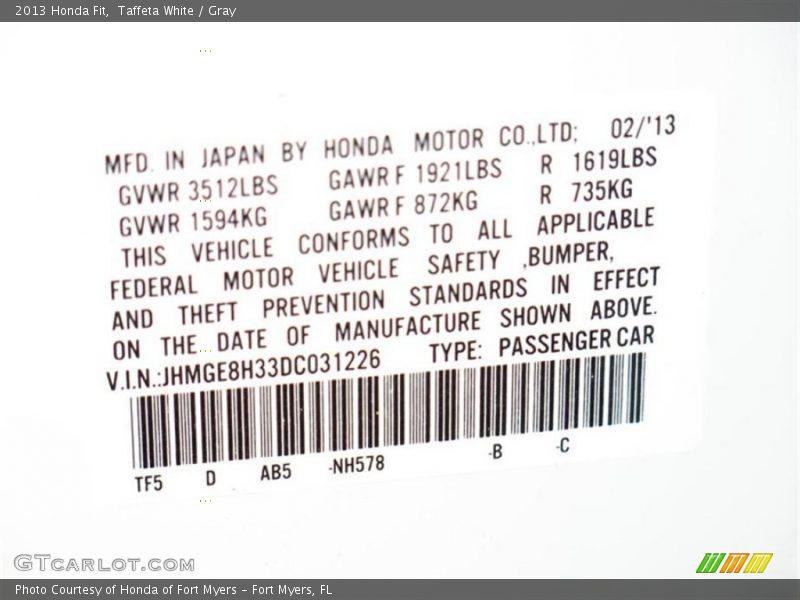 Taffeta White / Gray 2013 Honda Fit