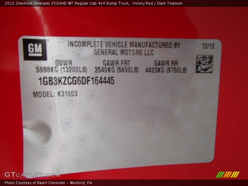 Victory Red / Dark Titanium 2013 Chevrolet Silverado 3500HD WT Regular Cab 4x4 Dump Truck