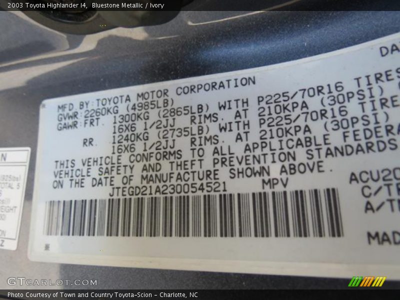 Bluestone Metallic / Ivory 2003 Toyota Highlander I4
