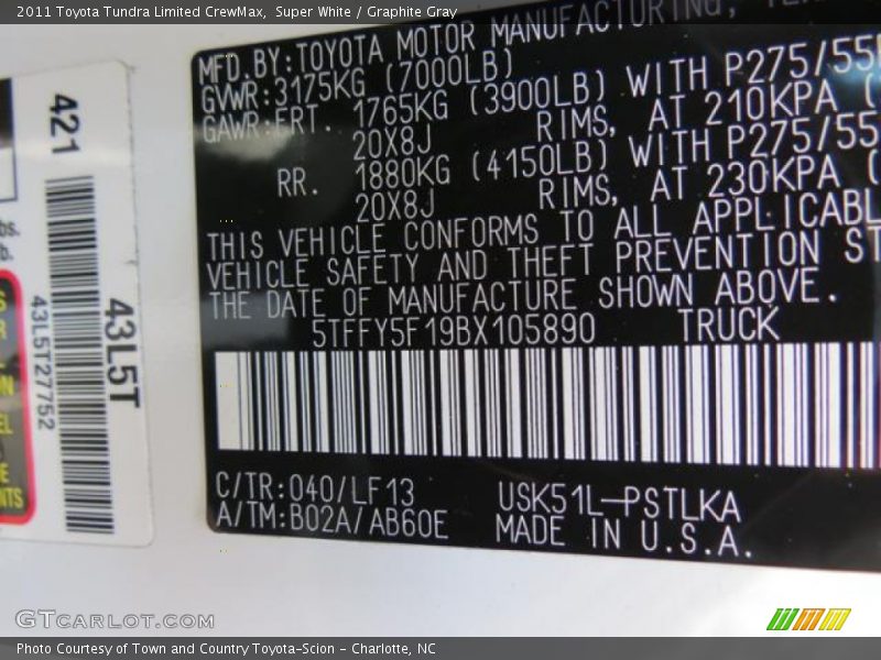 2011 Tundra Limited CrewMax Super White Color Code 040