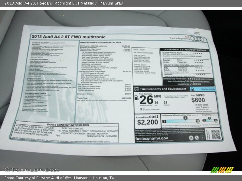  2013 A4 2.0T Sedan Window Sticker