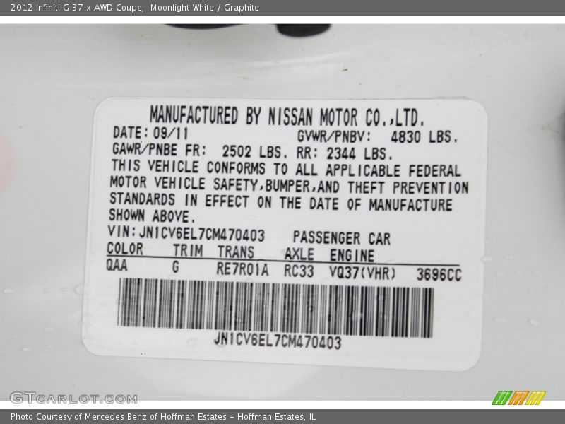 2012 G 37 x AWD Coupe Moonlight White Color Code QAA