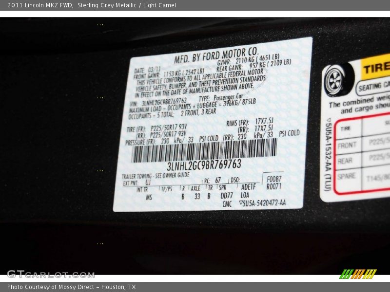 Sterling Grey Metallic / Light Camel 2011 Lincoln MKZ FWD