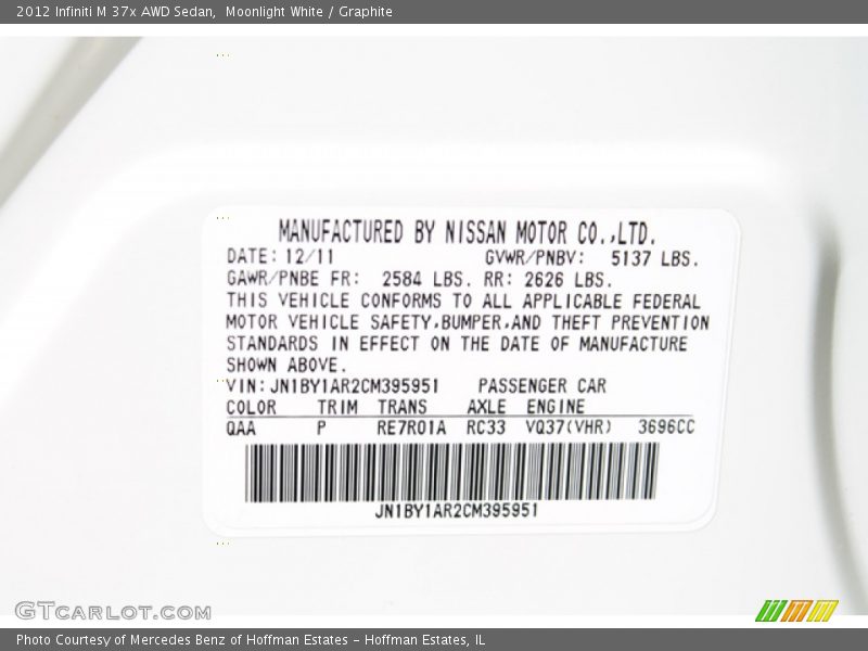 Moonlight White / Graphite 2012 Infiniti M 37x AWD Sedan